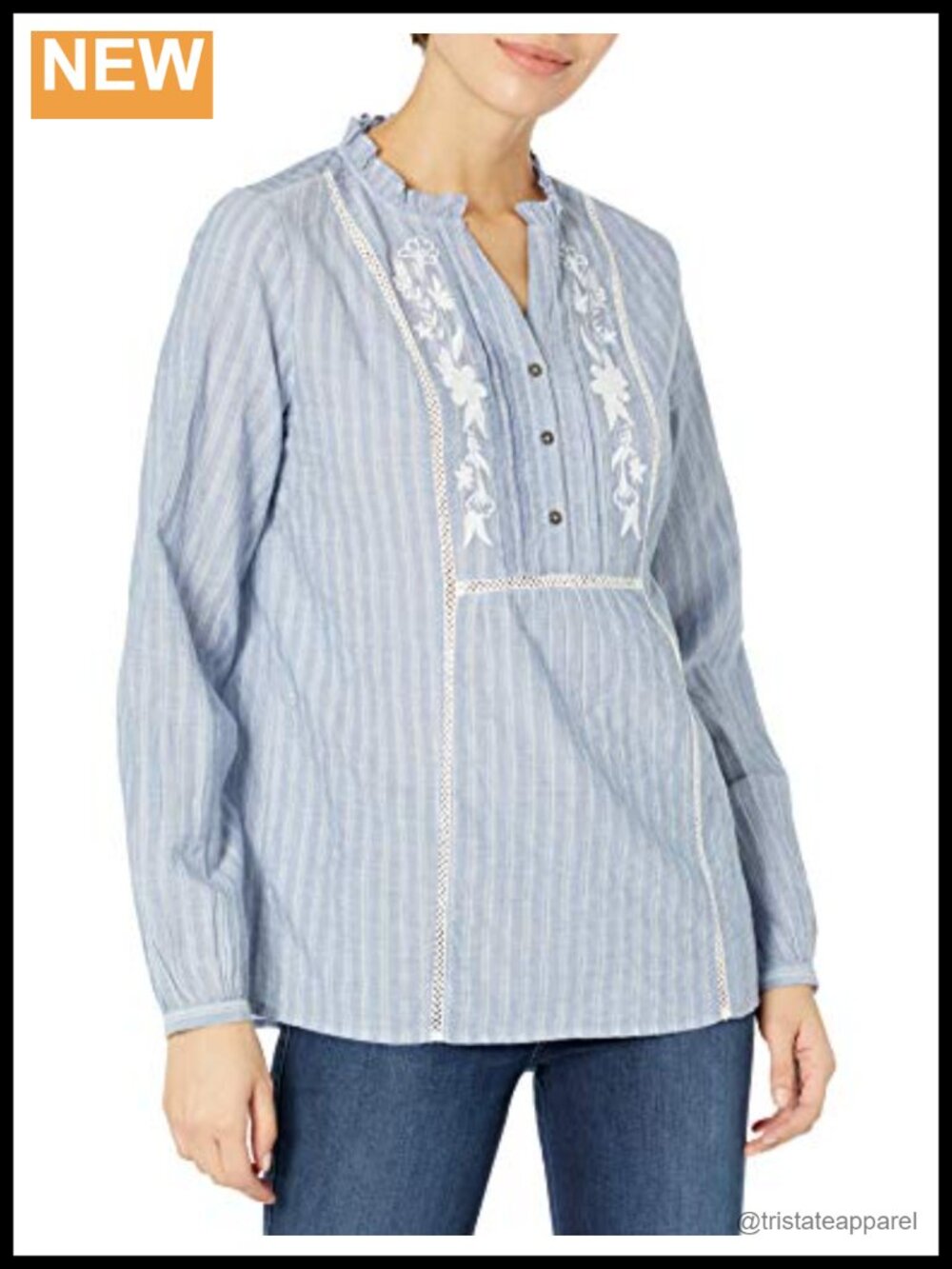 Embroidered Long Sleeve Blouse with Ruffle Neck Button Placket Pintuck